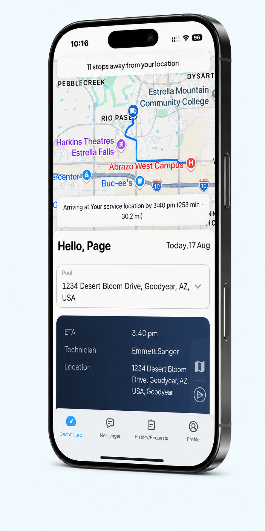 GoSplash customer app showing live technician tracking and ETA