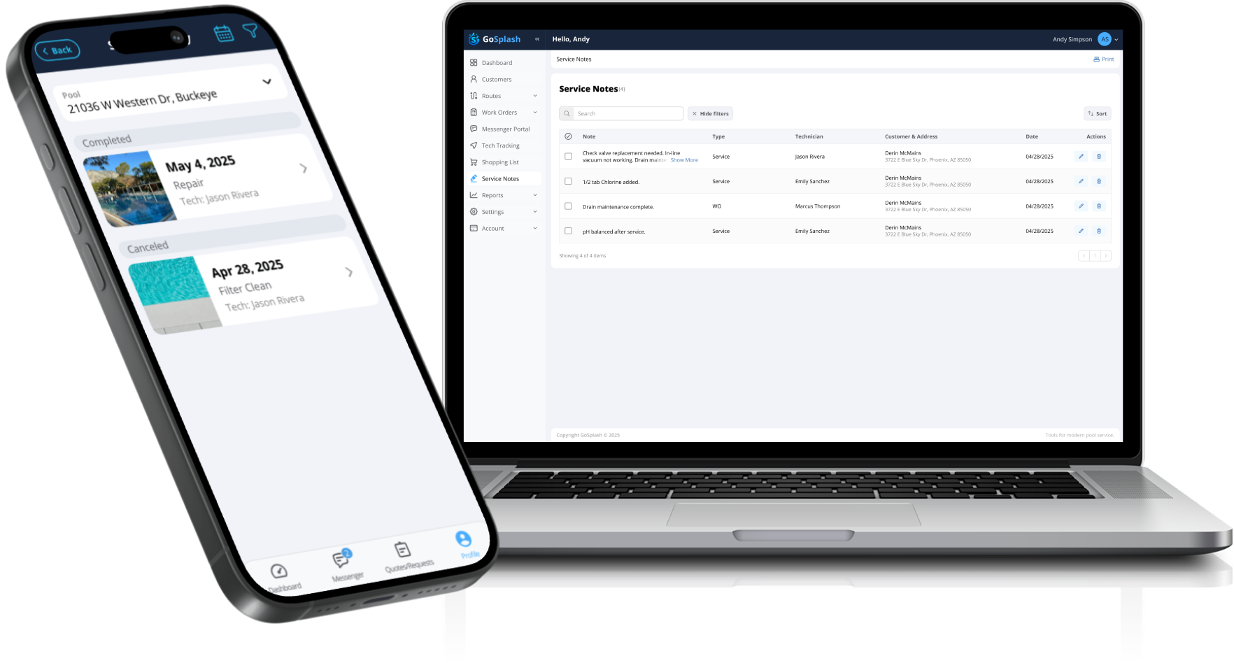 GoSplash pool operations dashboard and service history