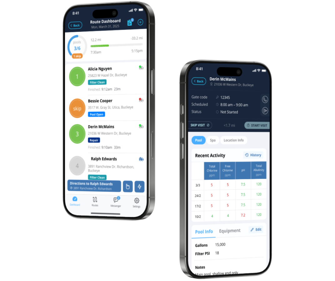 GoSplash technician app showing service history and pool details